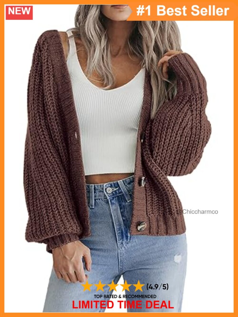 Chunky Knit V-Neck Button Cardigan Long Sleeve Cropped Sweater